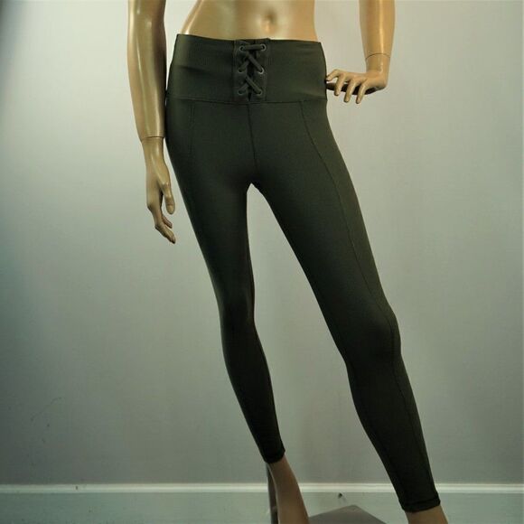 Green Ribbed Junior Leggings Sz M Crisscross Detailed Front - Picture 1 of 8